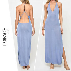 NWT L*SPACE Blue Slinky Maxi Dress Low Back Slit V-Neck Y2K Euro Summer Shimmer